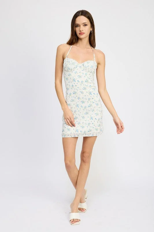 HALTER NECK MINI DRESSW WITH BUST RUCHING DETAIL Comfortable Casual Mini Dress