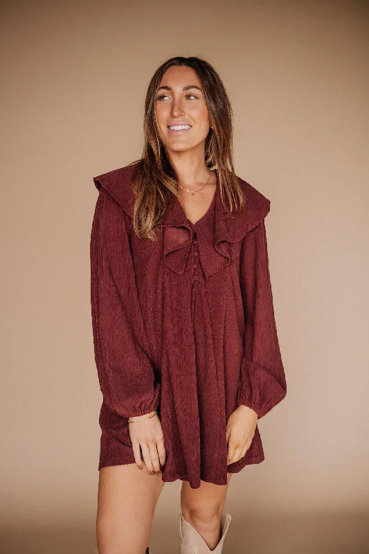 Hart Corduroy Ruffled Puff Sleeve Mini Dress Classic Casual Mini Dress