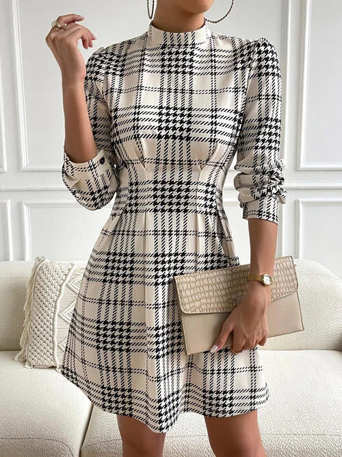 Houndstooth Mock Neck Cinched Mini Dress Comfortable Casual Mini Dress