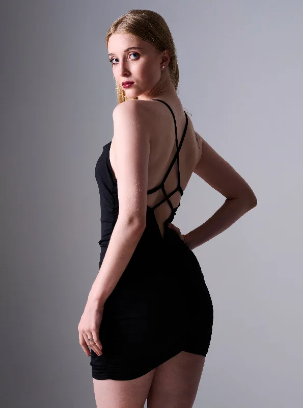 Ivanna Ruched Cross Back Bodycon Mini Dress in Black Elegant Mini Dress with Pleats