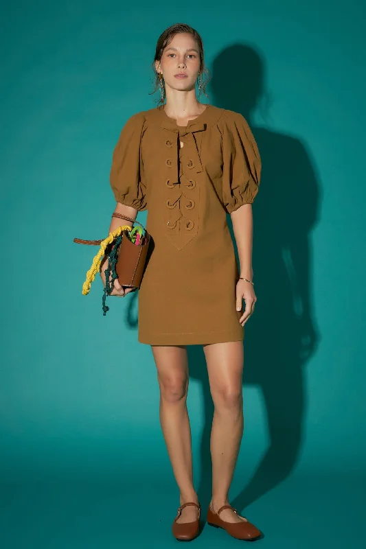English Factory - Laced Up Puffed Sleeve Mini Dress Chic Tropical Mini Dress