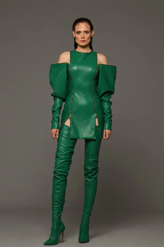 Leather mini dress with zippers Cozy Long Sleeve Mini Dress