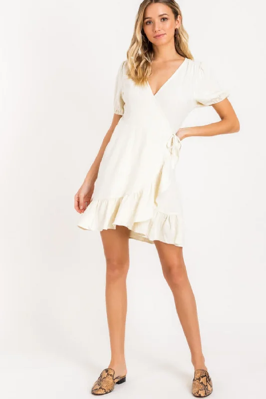 Linen Wrap Mini Dress, Cream Elegant Lace Mini Dress