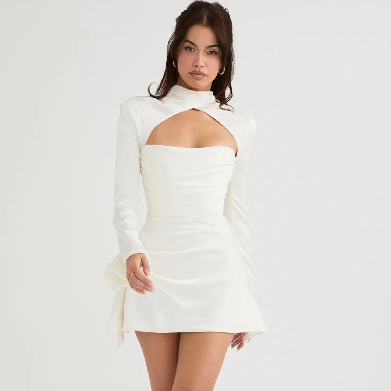 Luxury High Neck Cut Out Long Sleeve Draped Satin Mini Dress - White Cozy Wraparound Mini Dress Luxury High Neck Cut Out Long Sleeve Draped Satin Mini Dress - White Cozy Wraparound Mini Dress