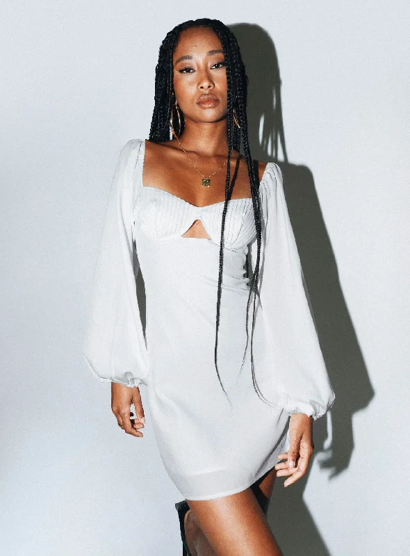 Marilee Long Sleeve Mini Dress White Cozy Satin Mini Dress