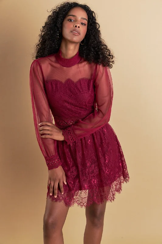 Endless Rose - Long Sleeve Lace Mini Dress Chic Puff Sleeve Mini Dress