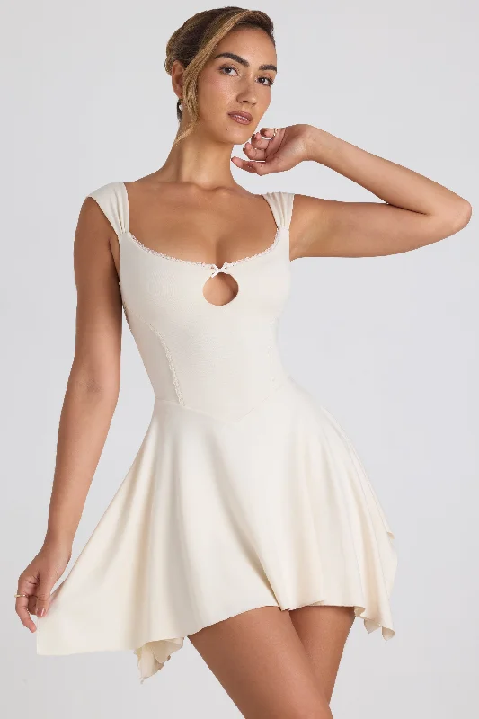 Modal Asymmetric Lace-Trim A-Line Mini Dress in Ivory Classic Floral Mini Dress
