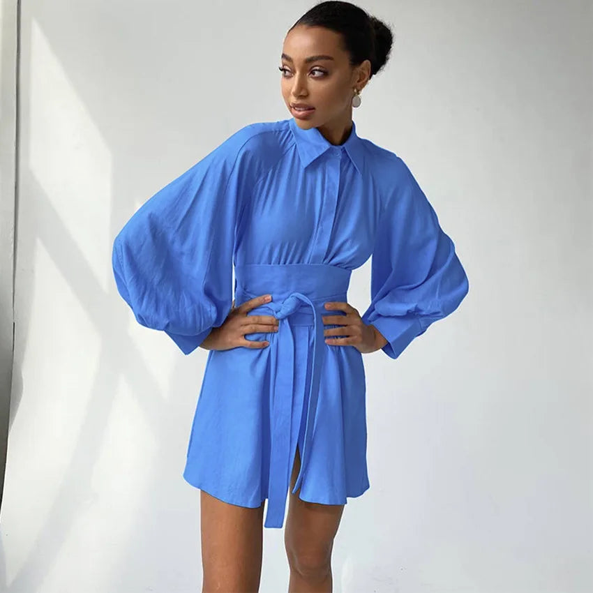 Cotton Button Collar Puff Sleeve Sash Tie Mini Dress Classic Solid Mini Dress