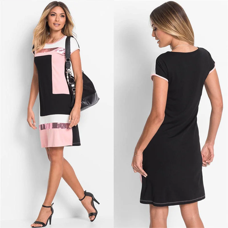 New Fashion Women Sequin Patchwork Mini Dress Chic Mini Dress with V-Neck