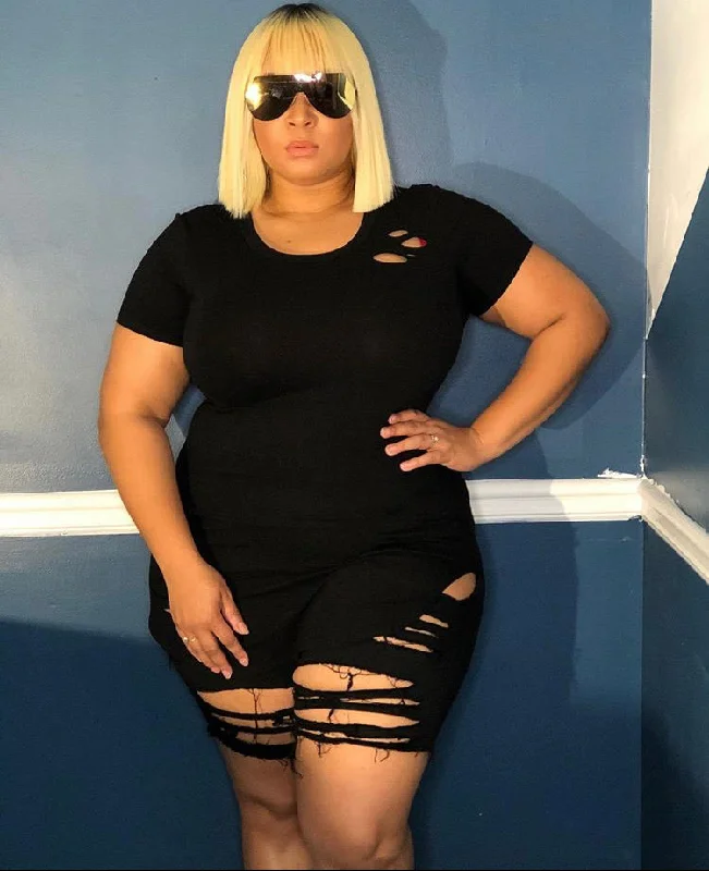 Plus Size Distressed Mini Dress in Black Cozy Jersey Mini Dress