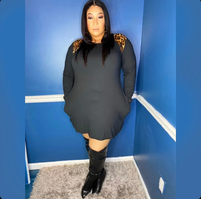 Women's Plus Size Long Sleeve Mini Dress in Black with Leopard Print Cozy Knitted Mini Dress Women's Plus Size Long Sleeve Mini Dress in Black with Leopard Print Cozy Knitted Mini Dress