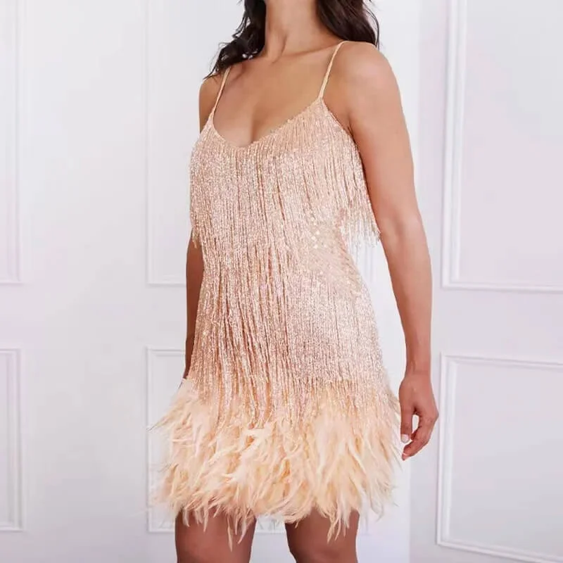 New Sexy Tassel Sequins Feather Mini Dress Comfortable Off-Shoulder Mini Dress