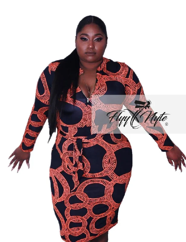 Plus Size Faux Wrap Mini Dress in Orange and Black Trendy Tie-Dye Mini Dress
