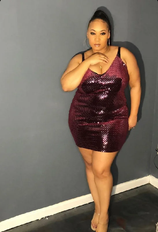 Plus Size Sequin Mini Dress in Burgundy Elegant Vintage Mini Dress