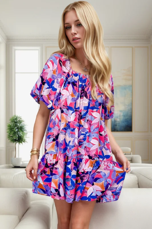 Printed Square Neck Short Sleeve Mini Dress Stylish Plaid Mini Dress