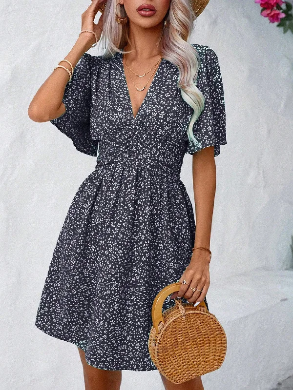 Printed V-Neck Half Sleeve Mini Dress Cozy T-Shirt Mini Dress