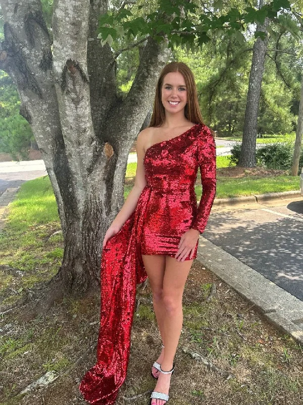 Portia & Scarlett PS23106 Red One Sleeve Sequin Mini Dress with Train Detail Fashionable Mini Dress with Slits Portia & Scarlett PS23106 Red One Sleeve Sequin Mini Dress with Train Detail Fashionable Mini Dress with Slits