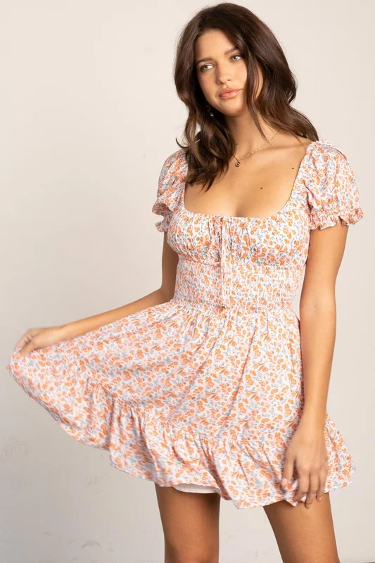 Puff Sleeve Mini Dress with Smocking Fashionable Mini Dress with Pockets