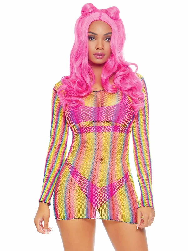 Rainbow Fishnet Long Sleeved Mini Dress Comfortable Wrap Mini Dress