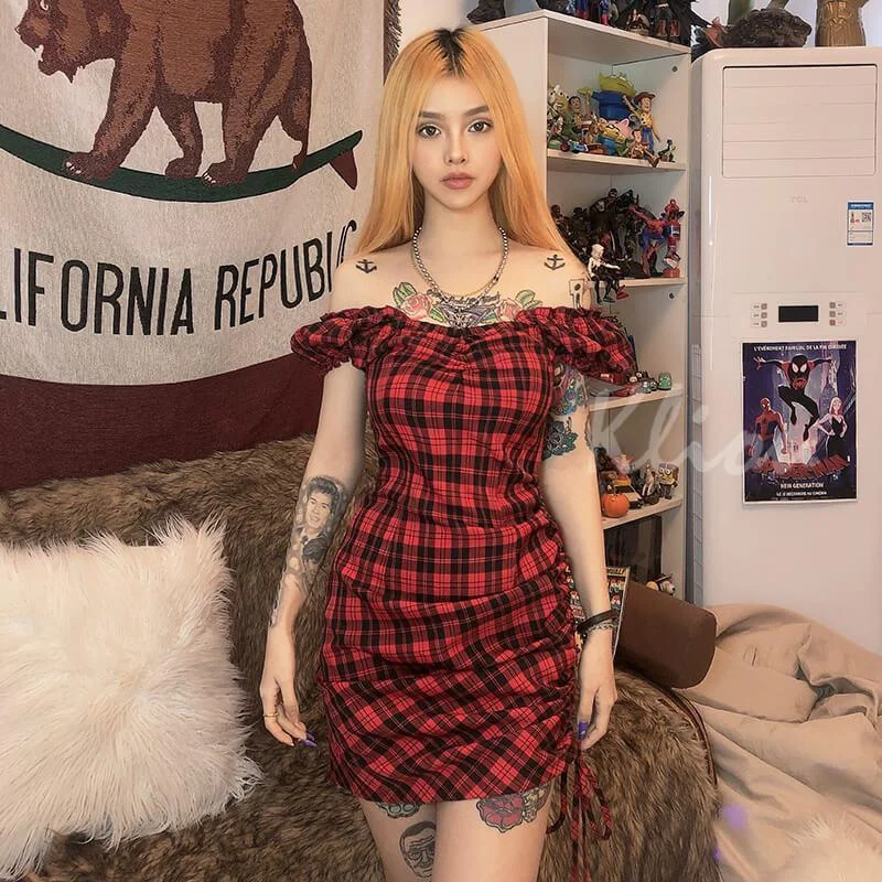 Red Plaid Mini Dress Cozy Cotton Mini Dress