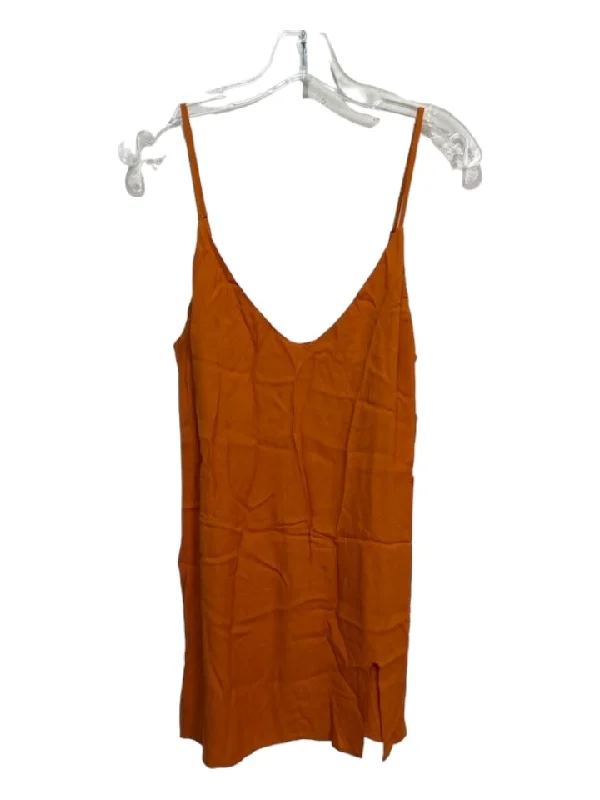 Reformation Size M Orange Viscose Spaghetti Strap V Neck Slit Mini Dress Fashionable Off-Shoulder Mini Dress