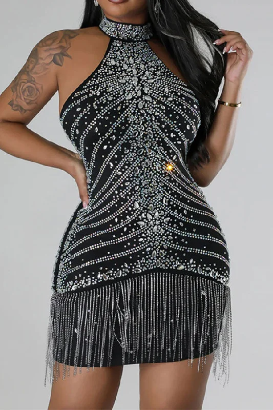 storexq Rhinestone Tassel Rocking Halter Collar Mini Dress Fashionable Mini Dress with Slits storexq Rhinestone Tassel Rocking Halter Collar Mini Dress Fashionable Mini Dress with Slits