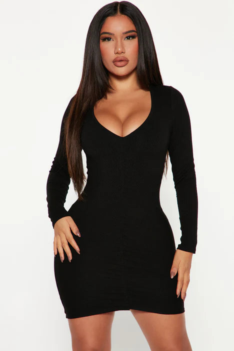 Roxy Ribbed Mini Dress in Black Elegant Vintage Mini Dress