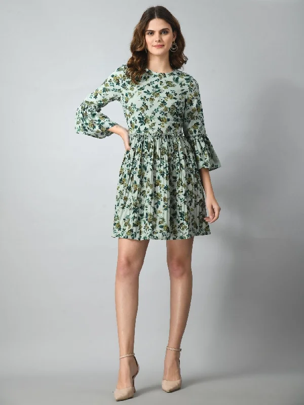 Women's Round Neck Floral Printed Mini Dress - Green Fashionable Polka Dot Mini Dress Women's Round Neck Floral Printed Mini Dress - Green Fashionable Polka Dot Mini Dress