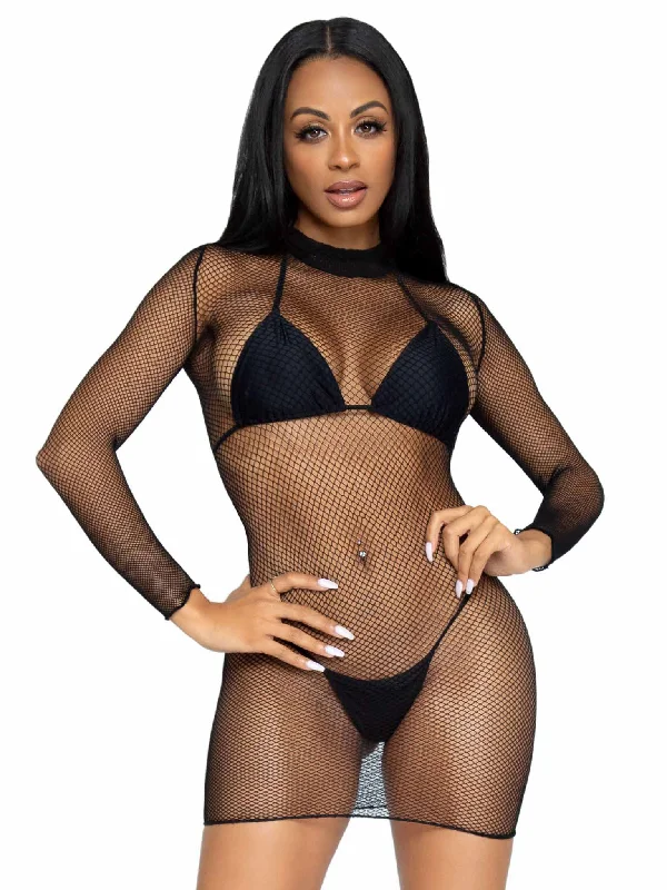 Ultra Net Long Sleeve High Neck Mini Dress Trendy Bodycon Mini Dress