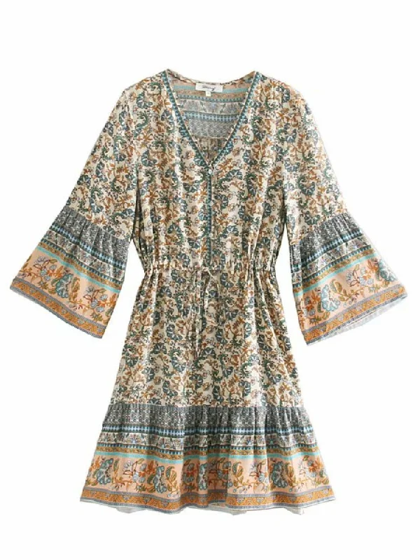Ashore Shop women hippie floral print V-neck Bohemian mini dresses Summer ladies flare sleeve cotton beach Boho dress Chic Bohemian Mini Dress Ashore Shop women hippie floral print V-neck Bohemian mini dresses Summer ladies flare sleeve cotton beach Boho dress Chic Bohemian Mini Dress