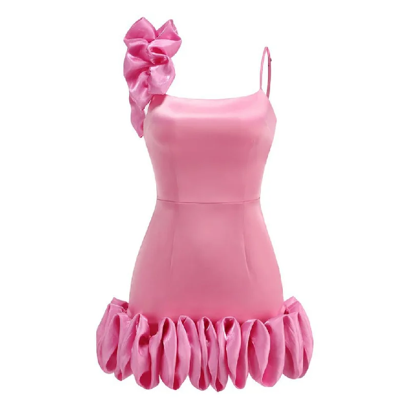 Voluminous Ruffle Spaghetti Strap Sleeveless Bodycon Satin Slip Mini Dress Fashionable Pleated Mini Dress