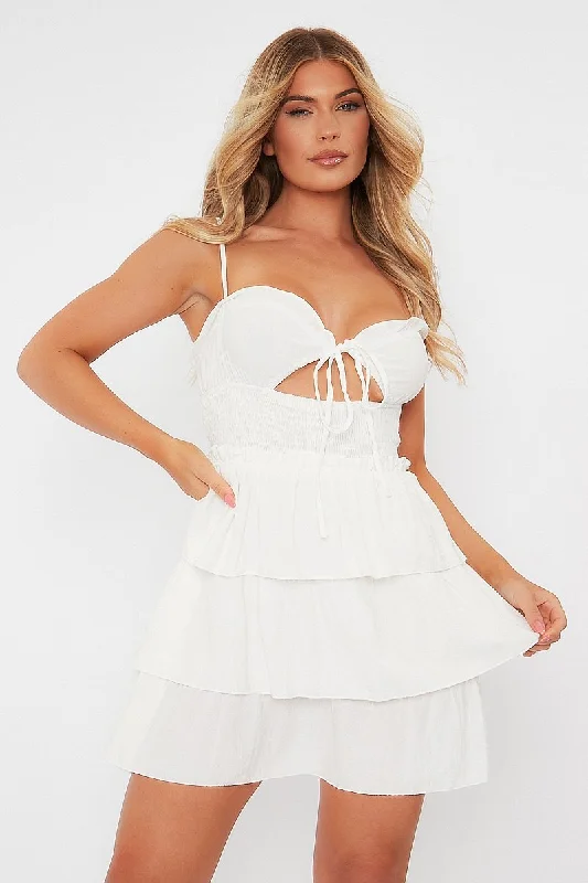 White Frill Detail Tiered Cut Out Mini Dress - Daneen Trendy Lace Mini Dress
