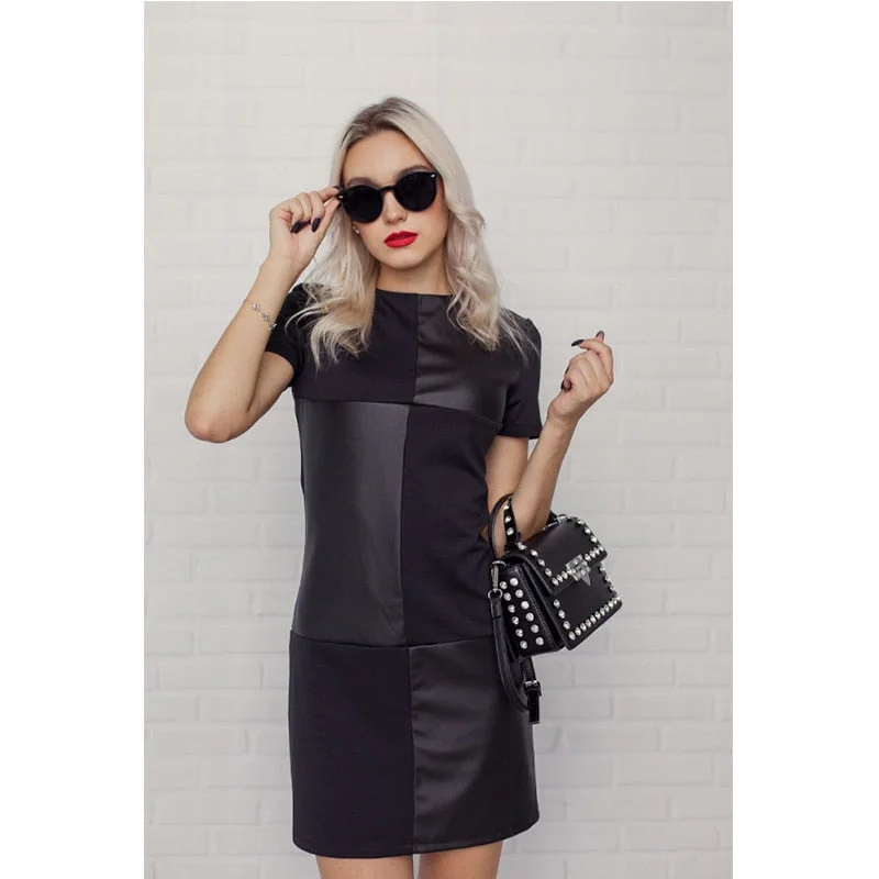 Women Vintage Leather Patchwork Elegant Office Dress Long Sleeve O neck Solid Casual Mini Dress 2019 Winter New Fashion Dress Comfortable Wrap Mini Dress Women Vintage Leather Patchwork Elegant Office Dress Long Sleeve O neck Solid Casual Mini Dress 2019 Winter New Fashion Dress Comfortable Wrap Mini Dress