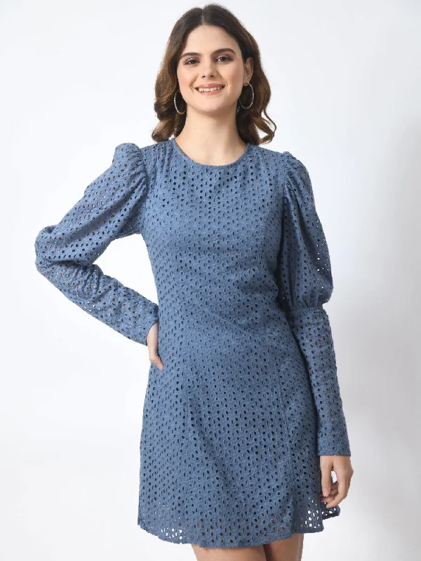 SMERA MART Women's 100% Cotton Schiffli Long Sleeve Sheath Mini Dress - Blue Fashionable Mini Dress with Frills SMERA MART Women's 100% Cotton Schiffli Long Sleeve Sheath Mini Dress - Blue Fashionable Mini Dress with Frills