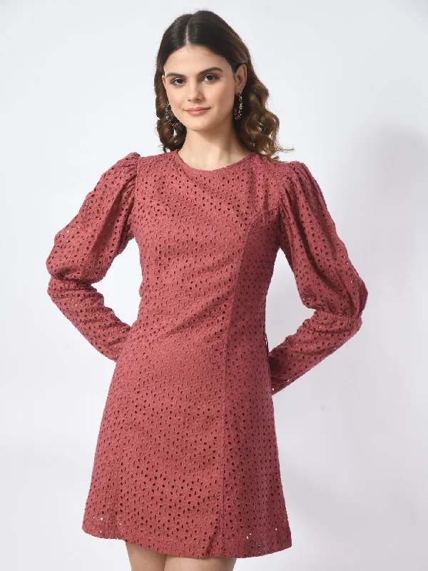 SMERA MART Women's 100% Cotton Schiffli Long Sleeve Sheath Mini Dress - Pink Fashionable A-Line Mini Dress SMERA MART Women's 100% Cotton Schiffli Long Sleeve Sheath Mini Dress - Pink Fashionable A-Line Mini Dress