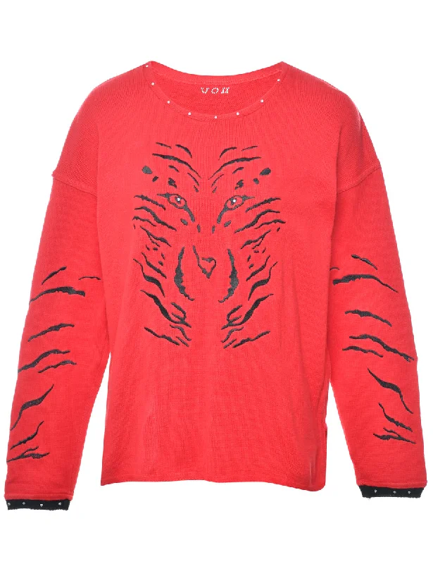 Animal Print Red Jumper - L Hooded Caped Shawl Collar