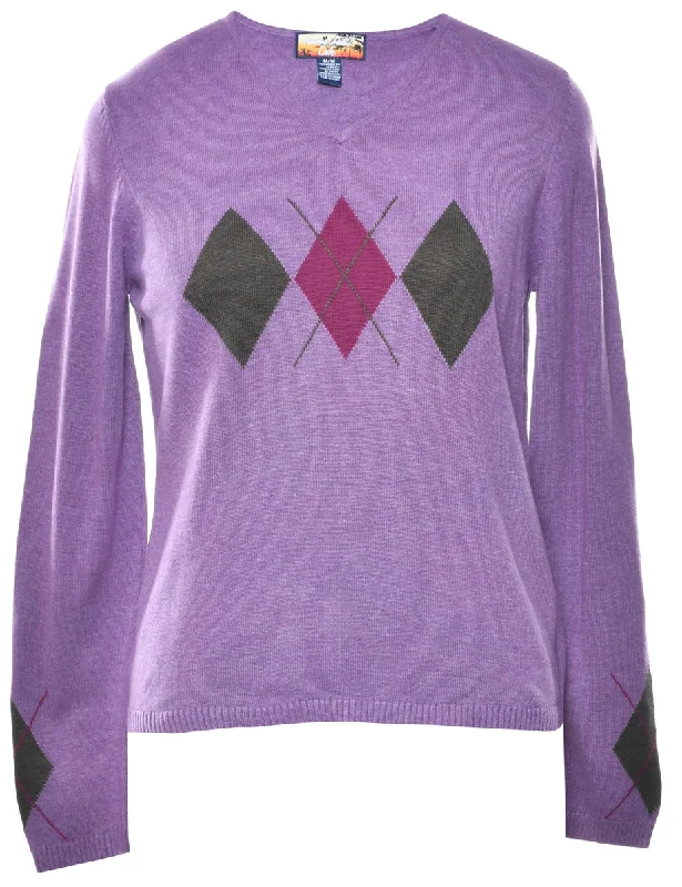 Argyle Jumper - M Beaded Sweater Sequined Faux Fur