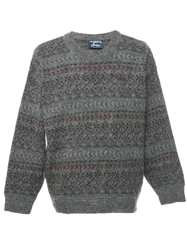 Aztec Print Jumper - L Real Fur Shearling Chenille