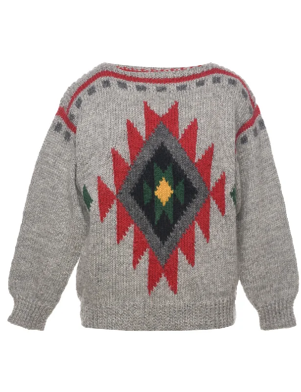 Aztec Print Jumper - L Mesh Sweater Canvas Denim