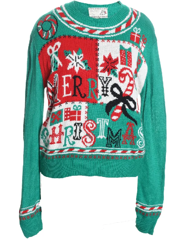 Green Christmas Jumper - L Boxy Sweater Fitted Sweater A-Line