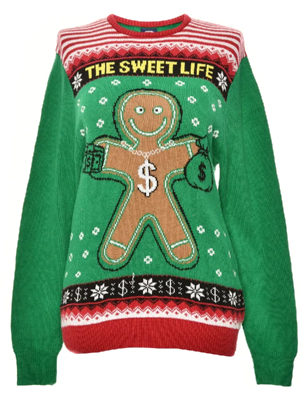 Green Gingerbread Christmas Jumper - M Thin Thick Dense