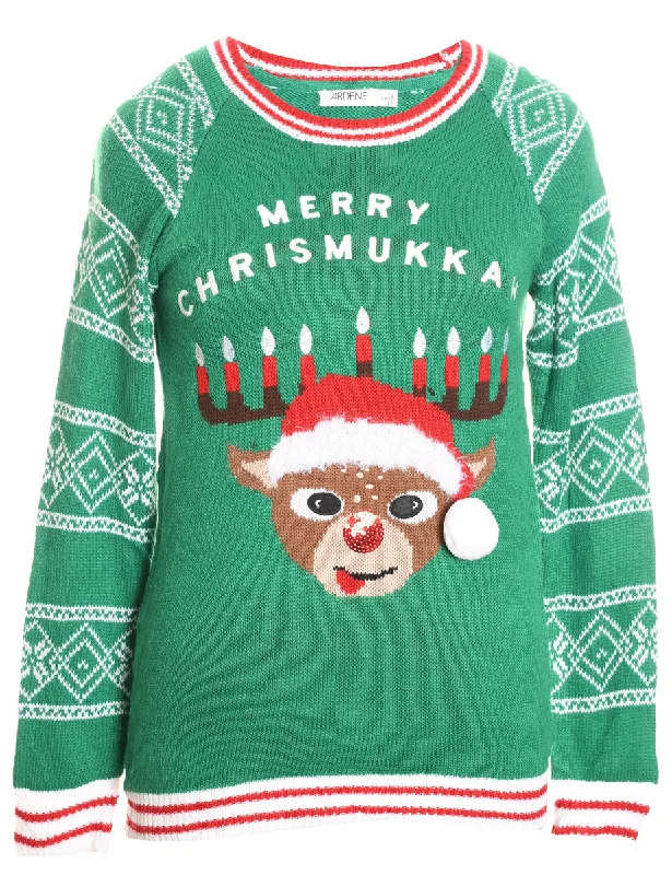 Green Nordic Reindeer Christmas Jumper - M Front Pockets Side Pockets Patch Pockets