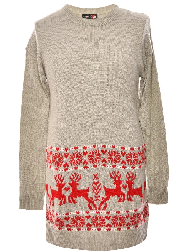 Grey & Red Nordic Jumper - M Seamless Knitted Crochet