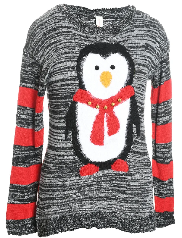 Grey & Red Striped Knit Christmas Jumper  - M Satin Blend Silk Blend Wool Blend