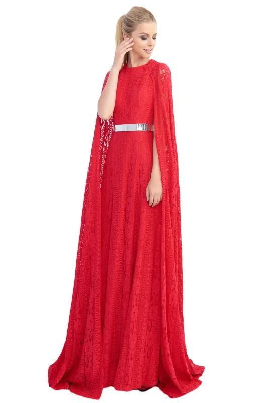 Ieena Duggal - Lace Cape Belted Dress 25740ISC