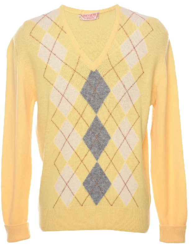 Jaeger Argyle Jumper - L Graphic Sweater Embroidered Appliqued