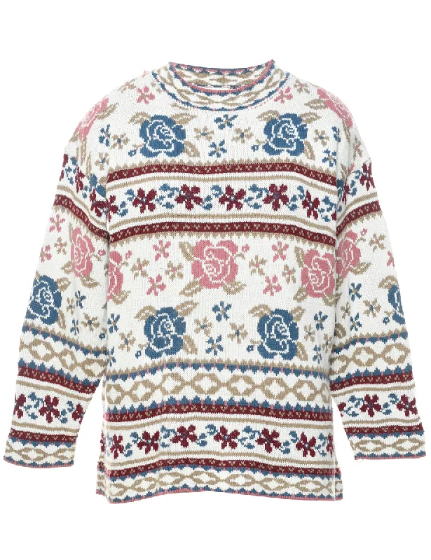 Joule Floral Knit Jumper - L Handmade Hand-knitted Hand-woven