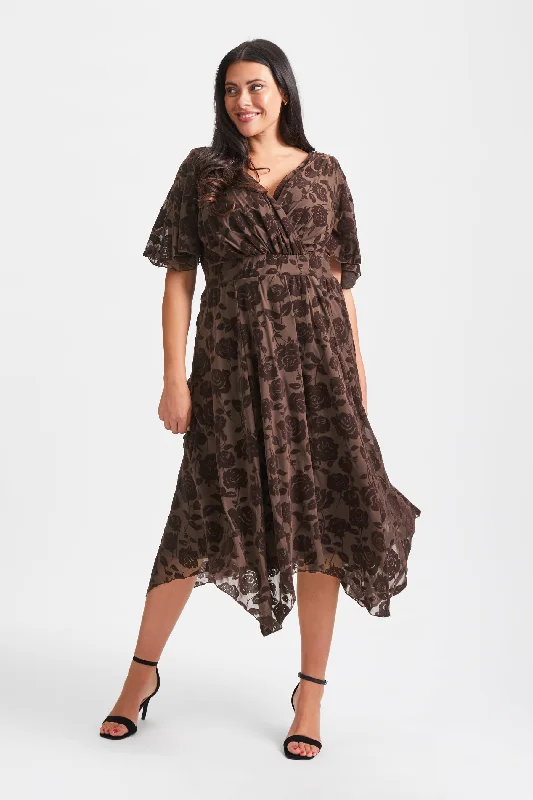 Julie Chocolate Velvet Flock Hanky Hem Dress
