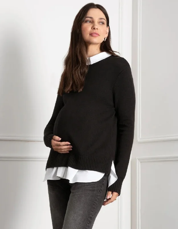 Knit Maternity & Nursing Jumper with Woven Shirt - Black Zippered Front Buttoned Front Snap Front