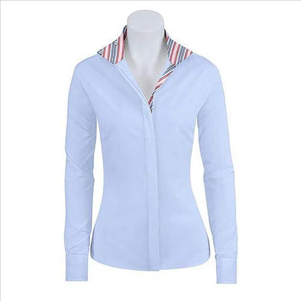 L413C RJ Classics Ladies Prix Hunter/Jumper Long Sleeve Show Shirt Blue w/Stripe Trim Soft Cozy Warm